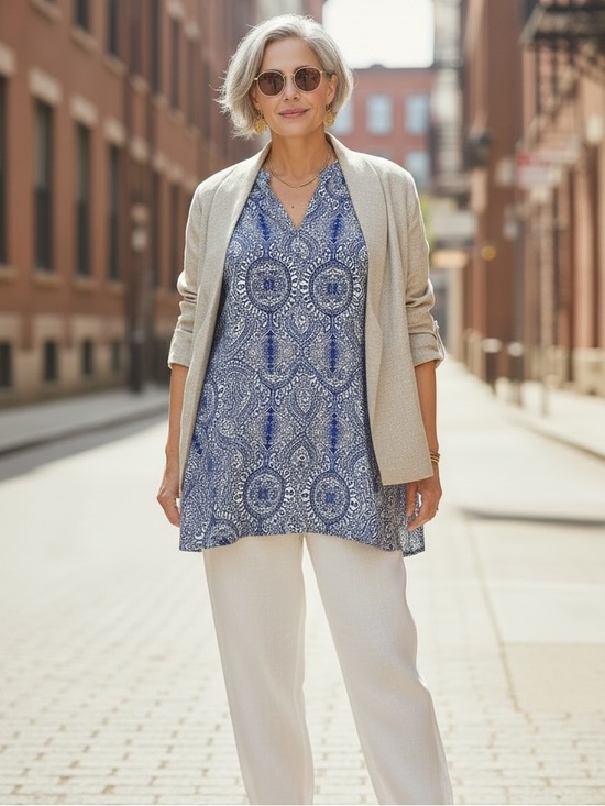 Part Two Tops - Part Two Organic Cotton Blue White Paisley Print Scandinavian Tunic Blouse Top